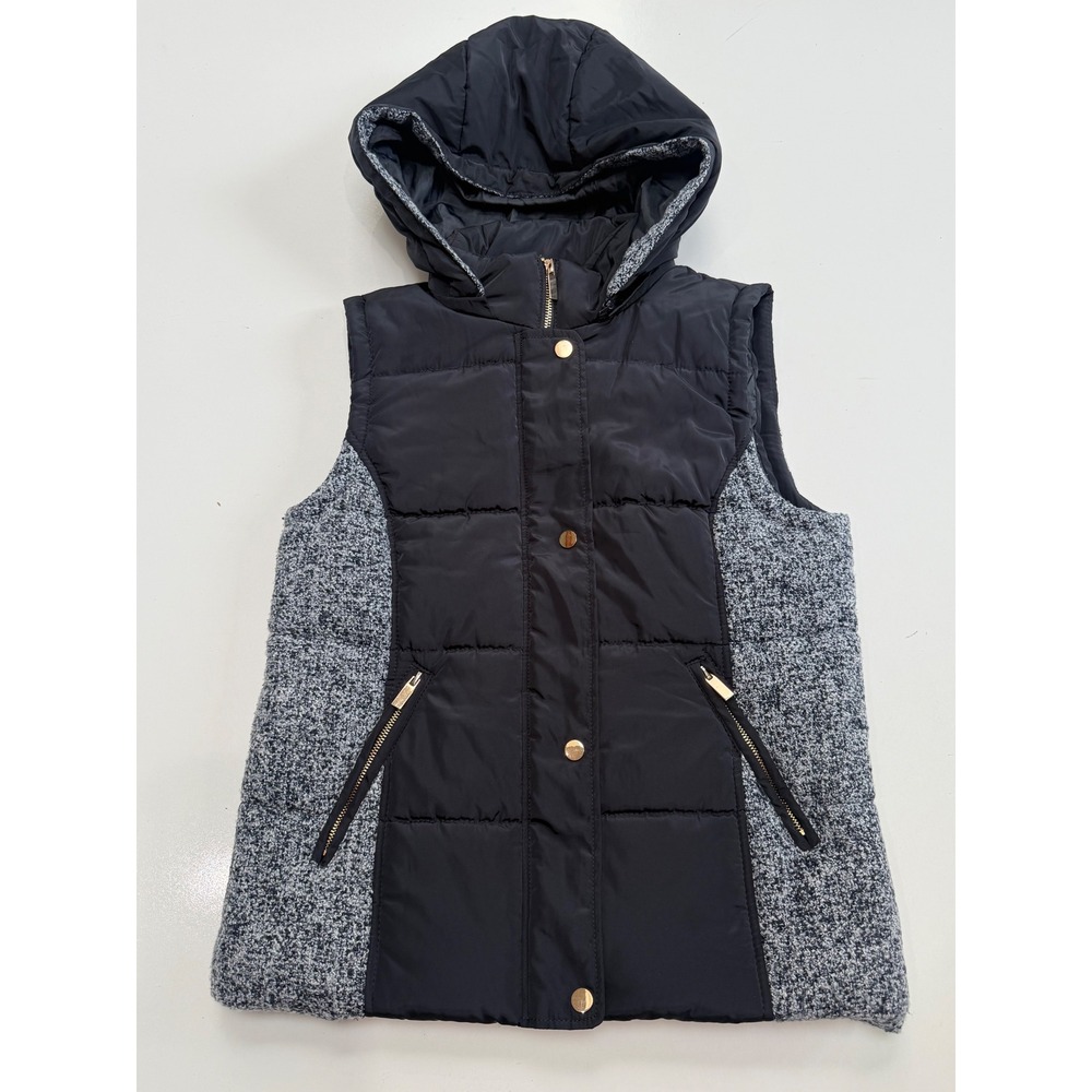 Ci Sono Womens Black Grey Mixed Media Hooded Puffer Vest Small Gold Hardware